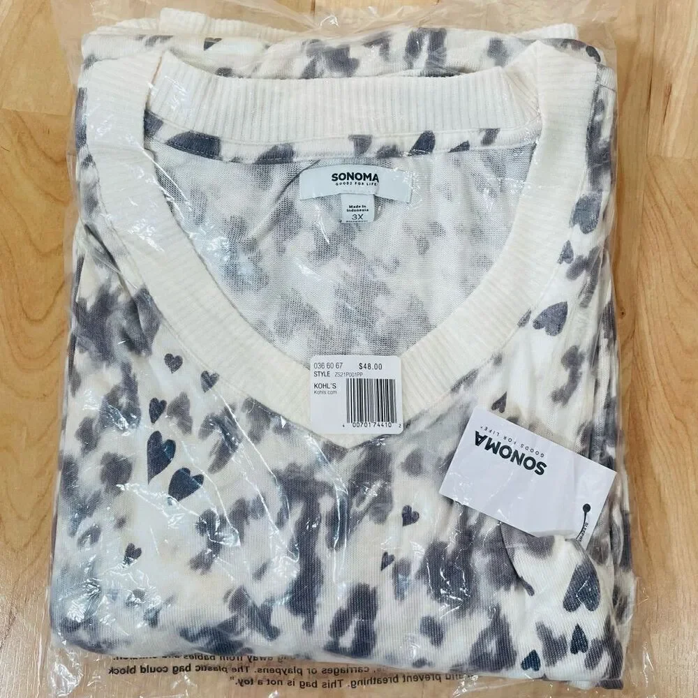 NWT Plus Size 3X Sonoma 2,Pc V-Neck Pajama Top & Pants Sleep Set Gray Leopard